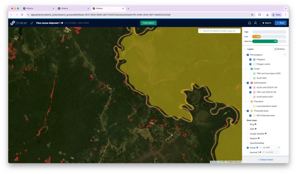 Satellite map in Picterra Tracer showing deforestation alerts and protected areas for a cocoa supply chain analysis in Peru.